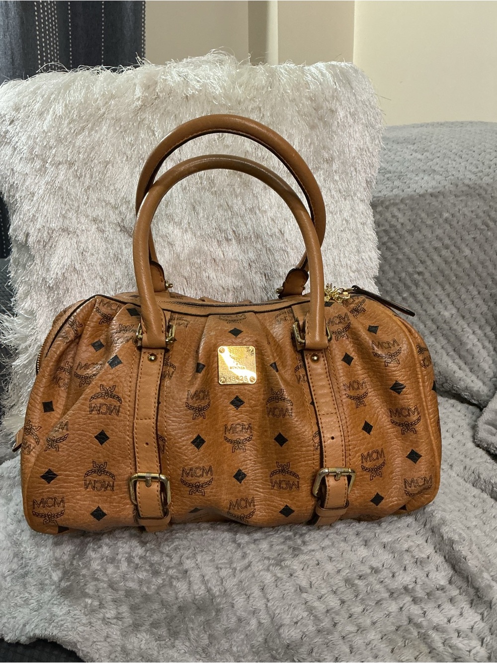 MCM Cognac Visetos Pleated Boston Monogram Satchel with Gold Hardware
